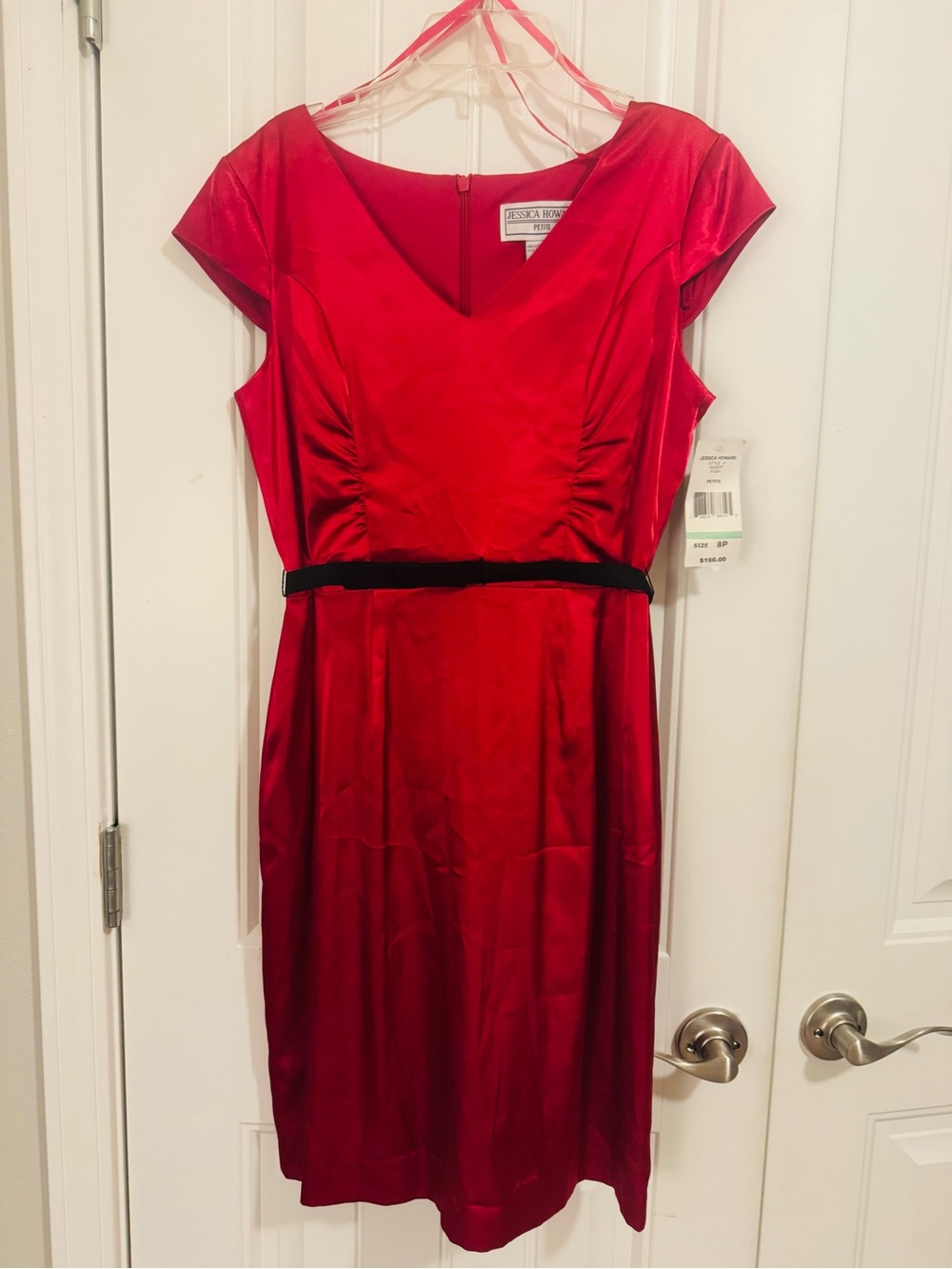 Jessica Howard Red Satin V-Neck Midi Dress with Black Belt